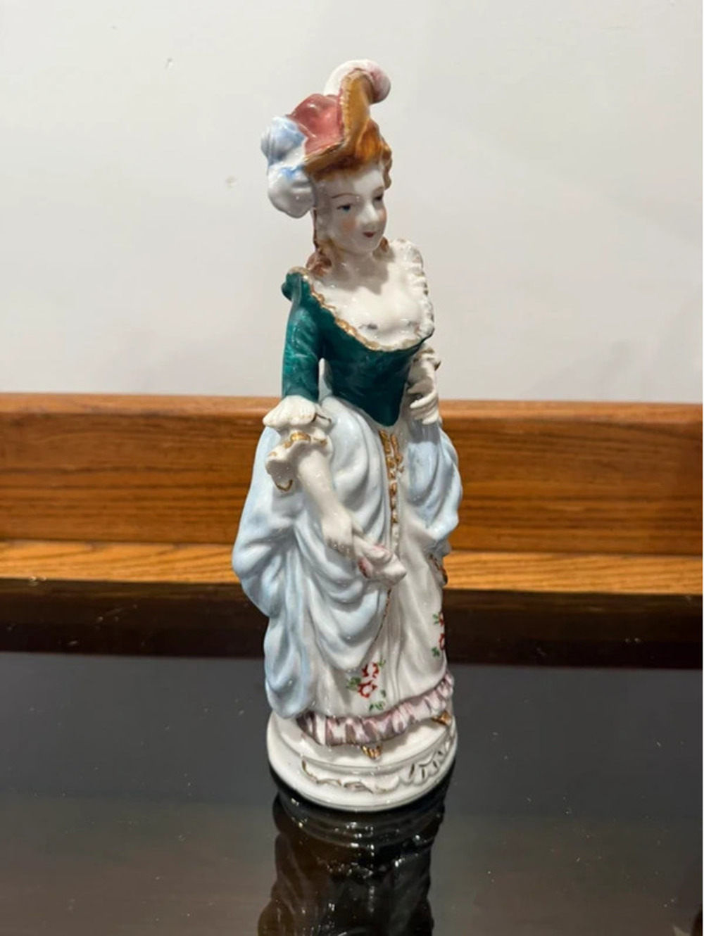 Vintage 1940s Occupied Japan Porcelain Victorian Lady Figurine Green Dress